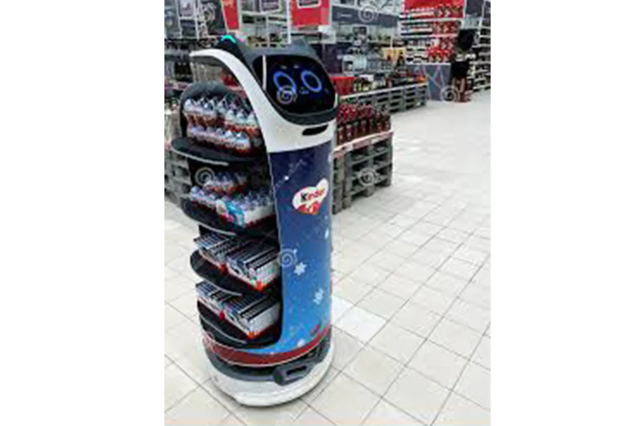 Industrial robot moving stock in a retail store